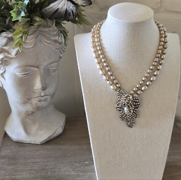 Vtg Signed 40s 50s Miriam Haskell Baroque Pearl Multi Strand Necklace, 14" - Picture 3 of 16